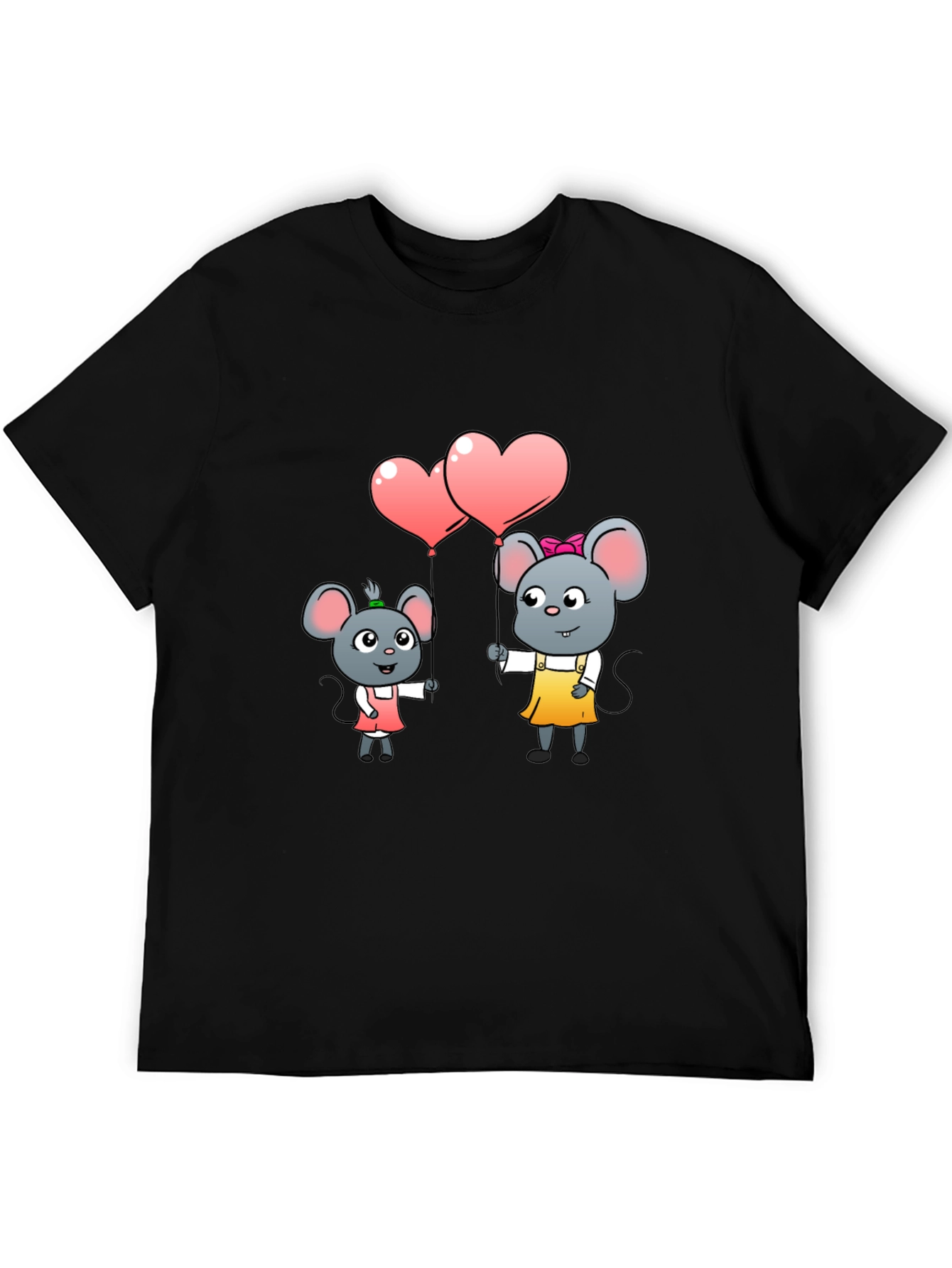 Black Cute Cartoon Mice Heart Balloons Graphic Tee view 5