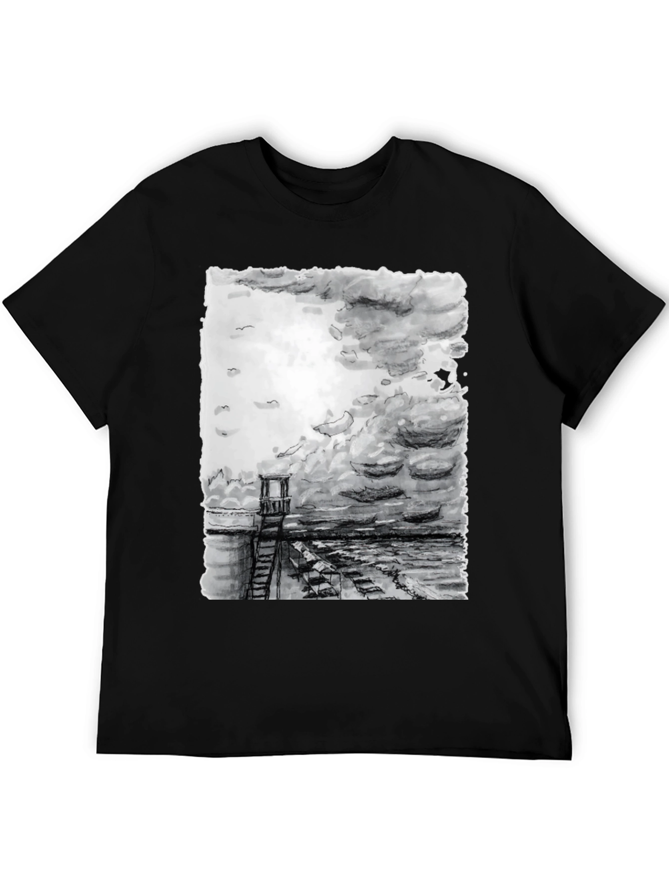 Black Monochrome Coastal Tower Graphic T-Shirt view 5