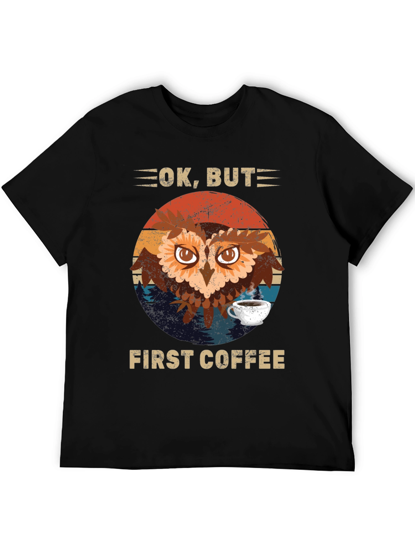 Black Ok, But First Coffee Owl T-Shirt view 5
