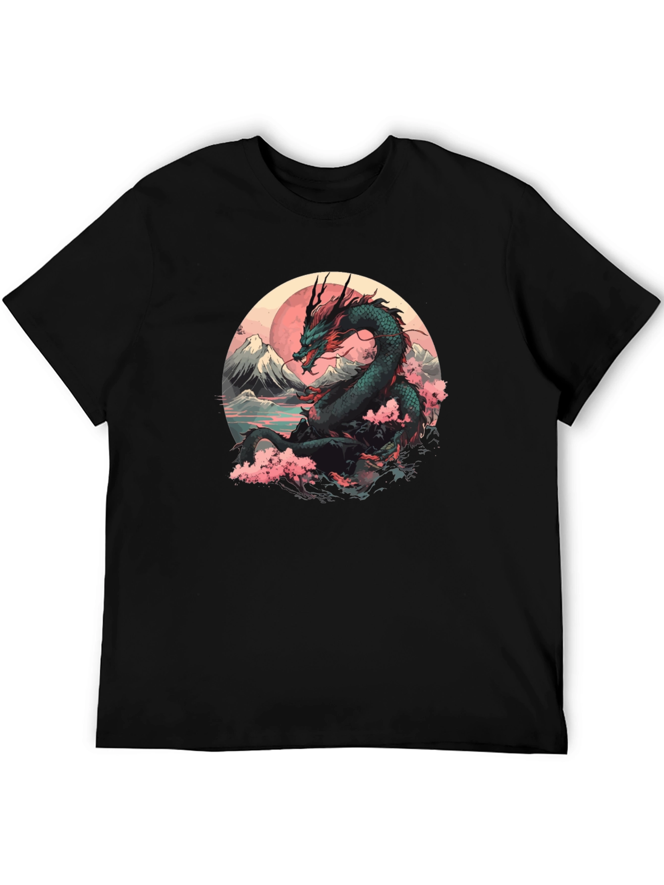 Black Dragon & Sakura Blossom Graphic Black T-Shirt view 5