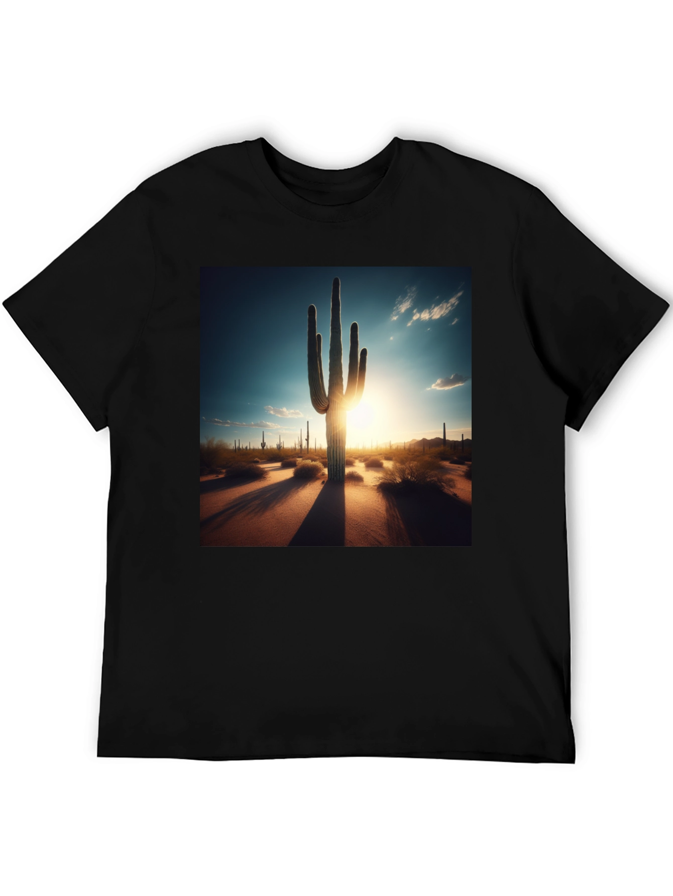 Black Desert Sunset Cactus Graphic Tee - Black Cotton T-Shirt view 5
