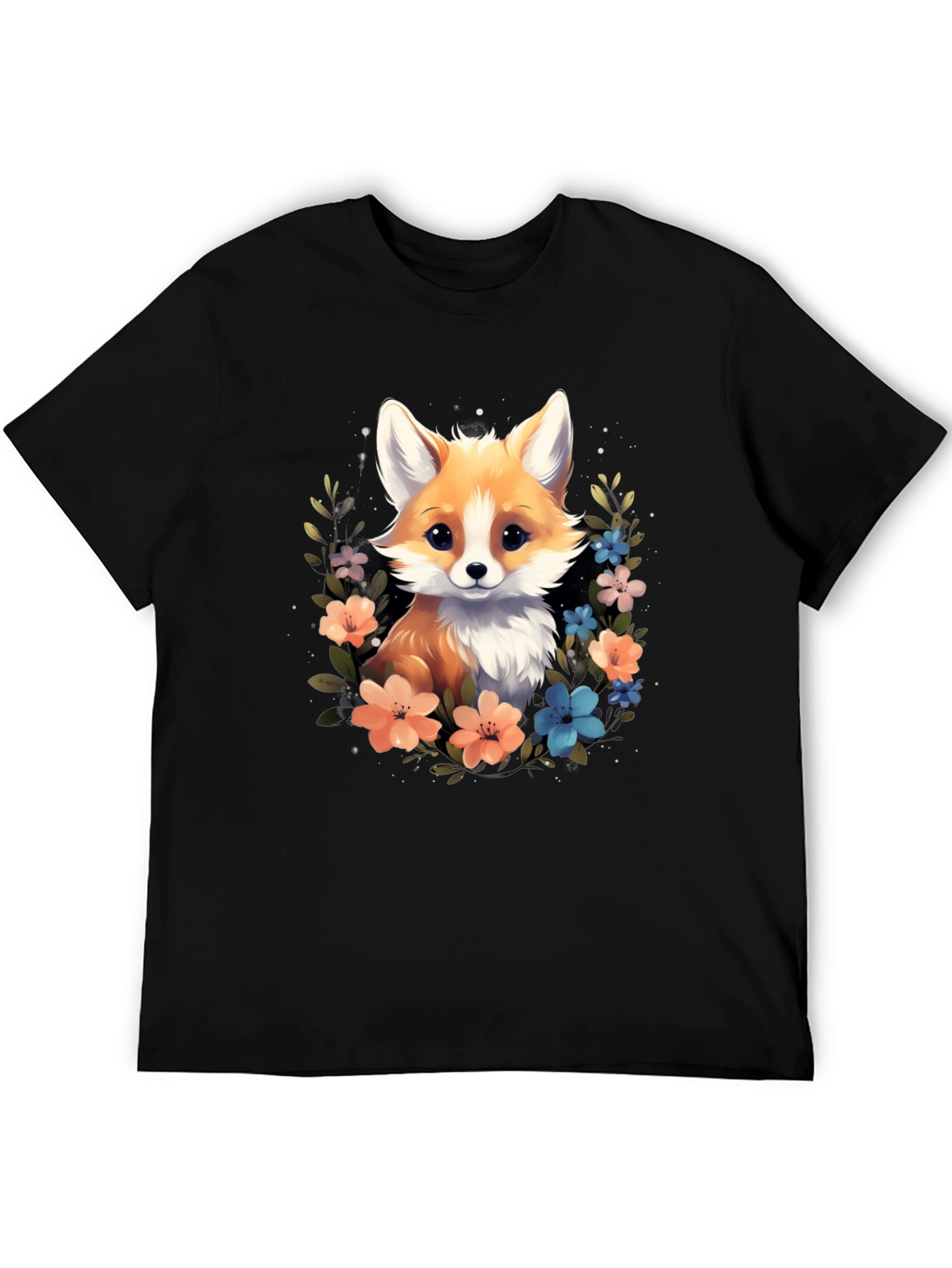 Black Cute Fox Floral Black T-Shirt view 5