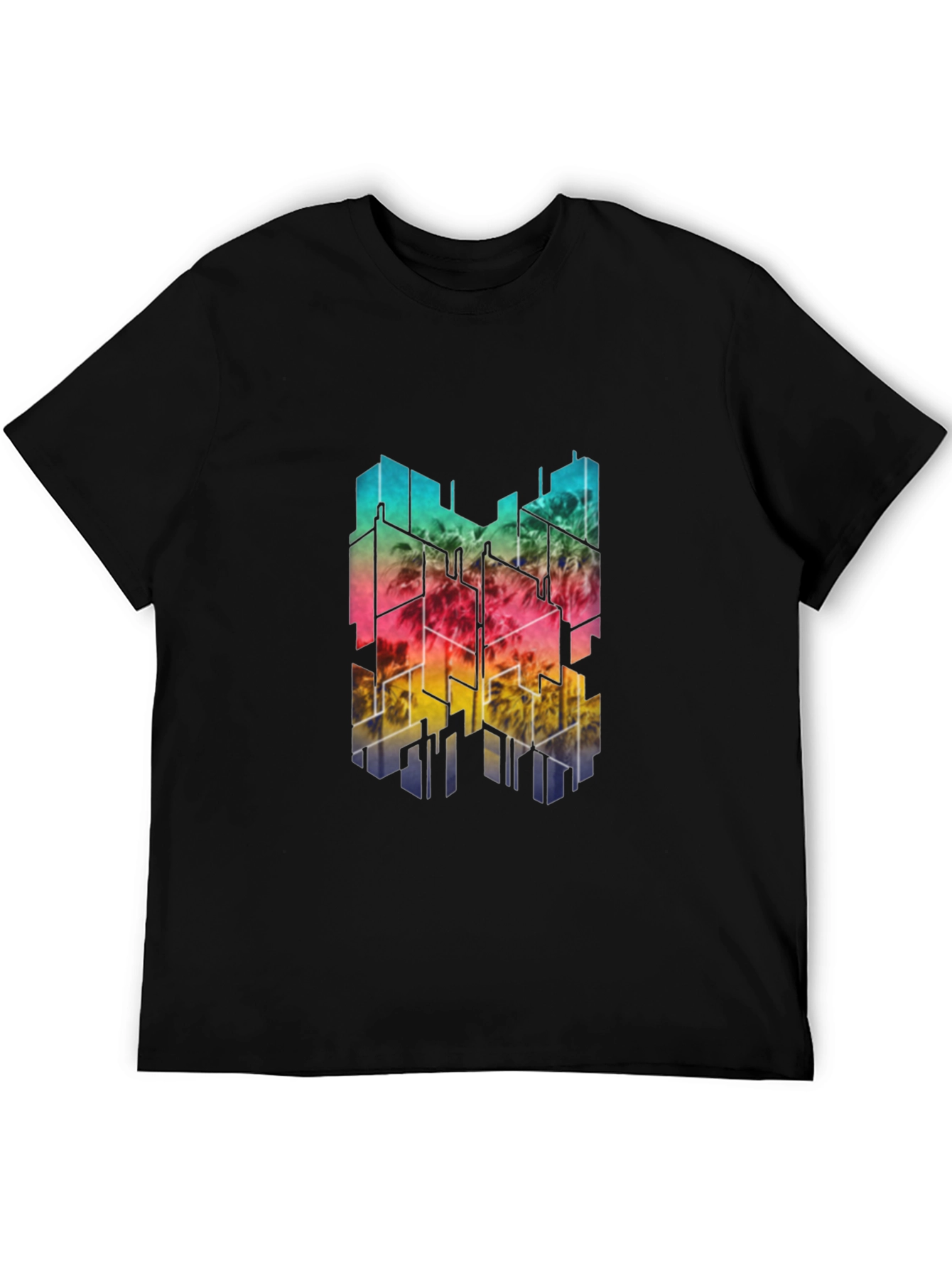 Black Abstract Cityscape Men's Black Tee view 5