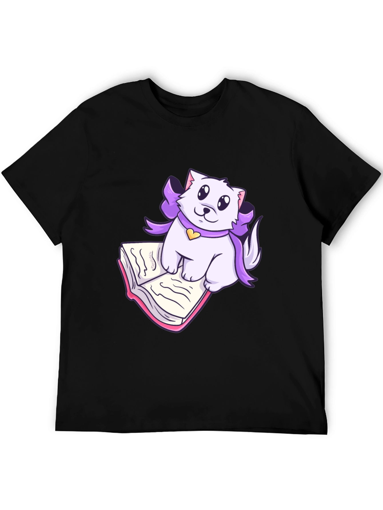 Black Cute Cat Reading T-Shirt - Soft Cotton Blend view 5