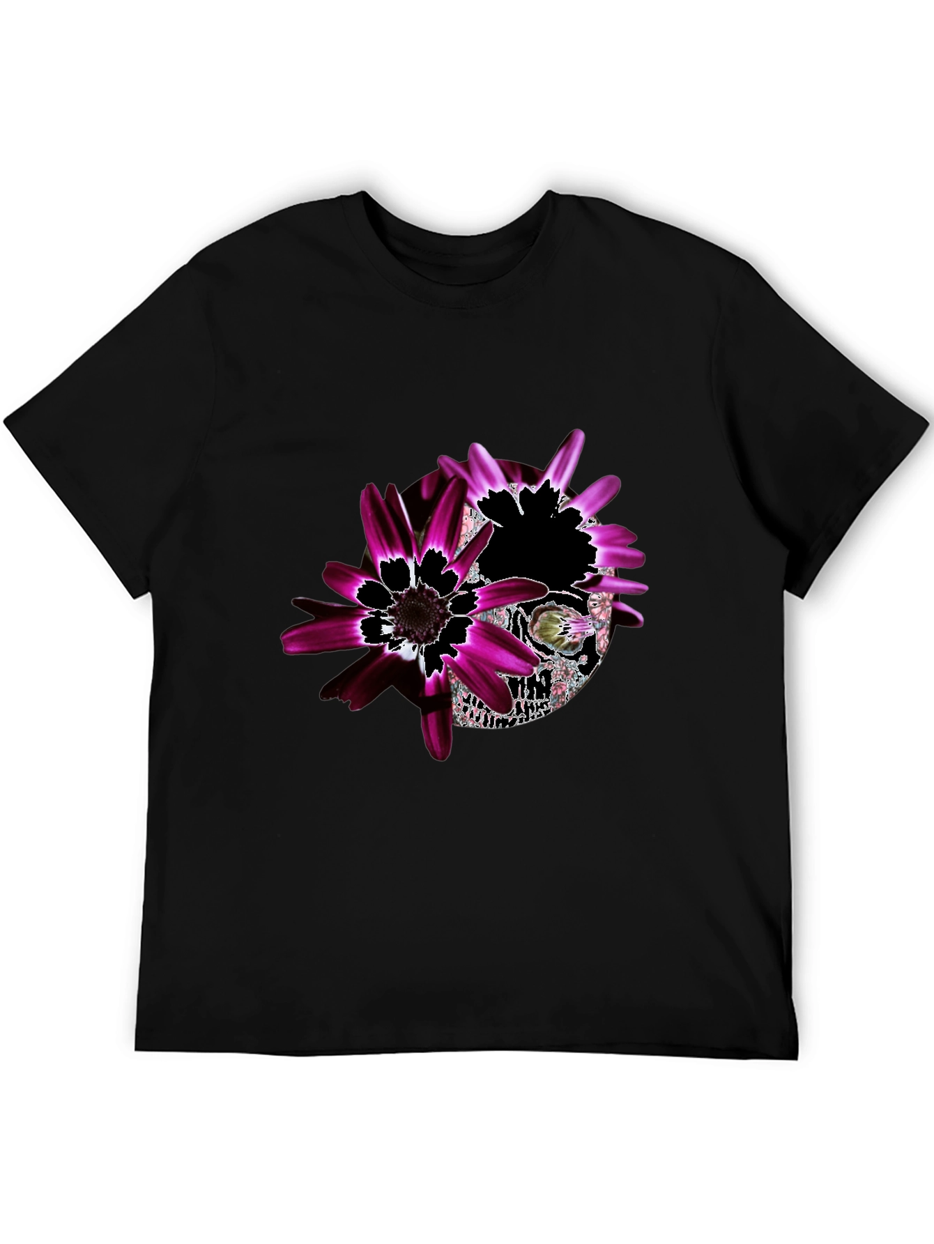 Black Floral Skull Graphic Black T-Shirt - Unique Design view 5