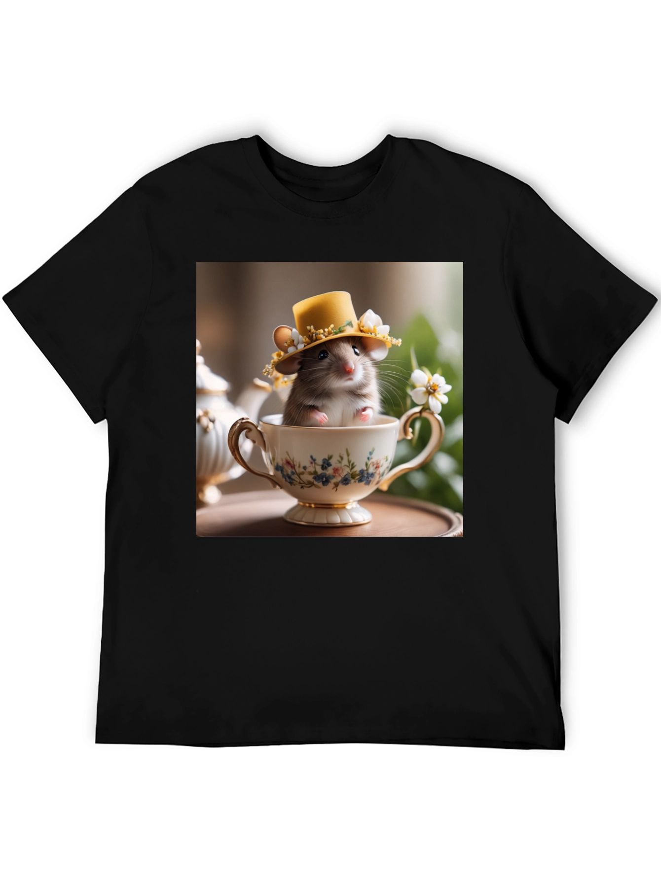 Black Cute Hamster in Teacup Graphic Tee view 5