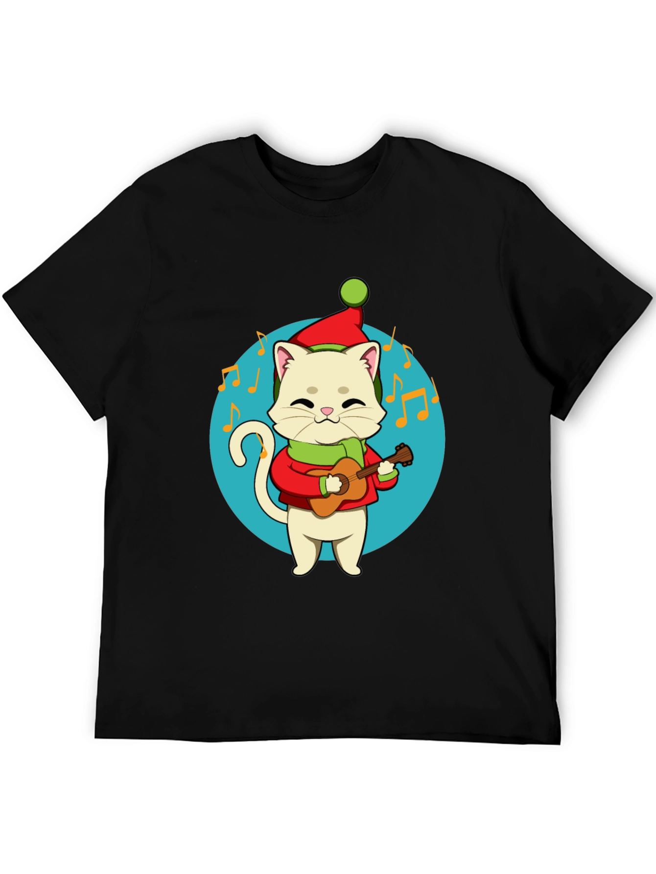 Black Festive Cat Guitarist Graphic Tee - Holiday Cheer! view 5