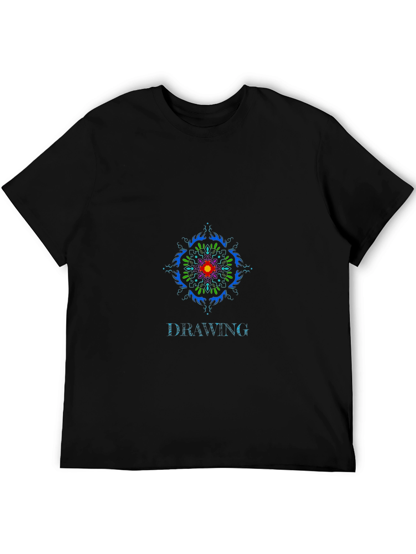 Black Drawing Graphic Tee: Colorful Mandala Design view 5