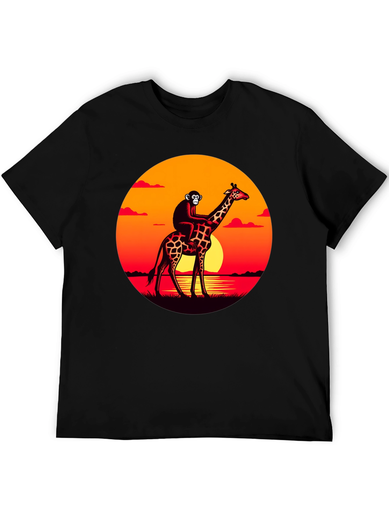 Black Monkey Riding Giraffe Sunset Graphic Tee view 5
