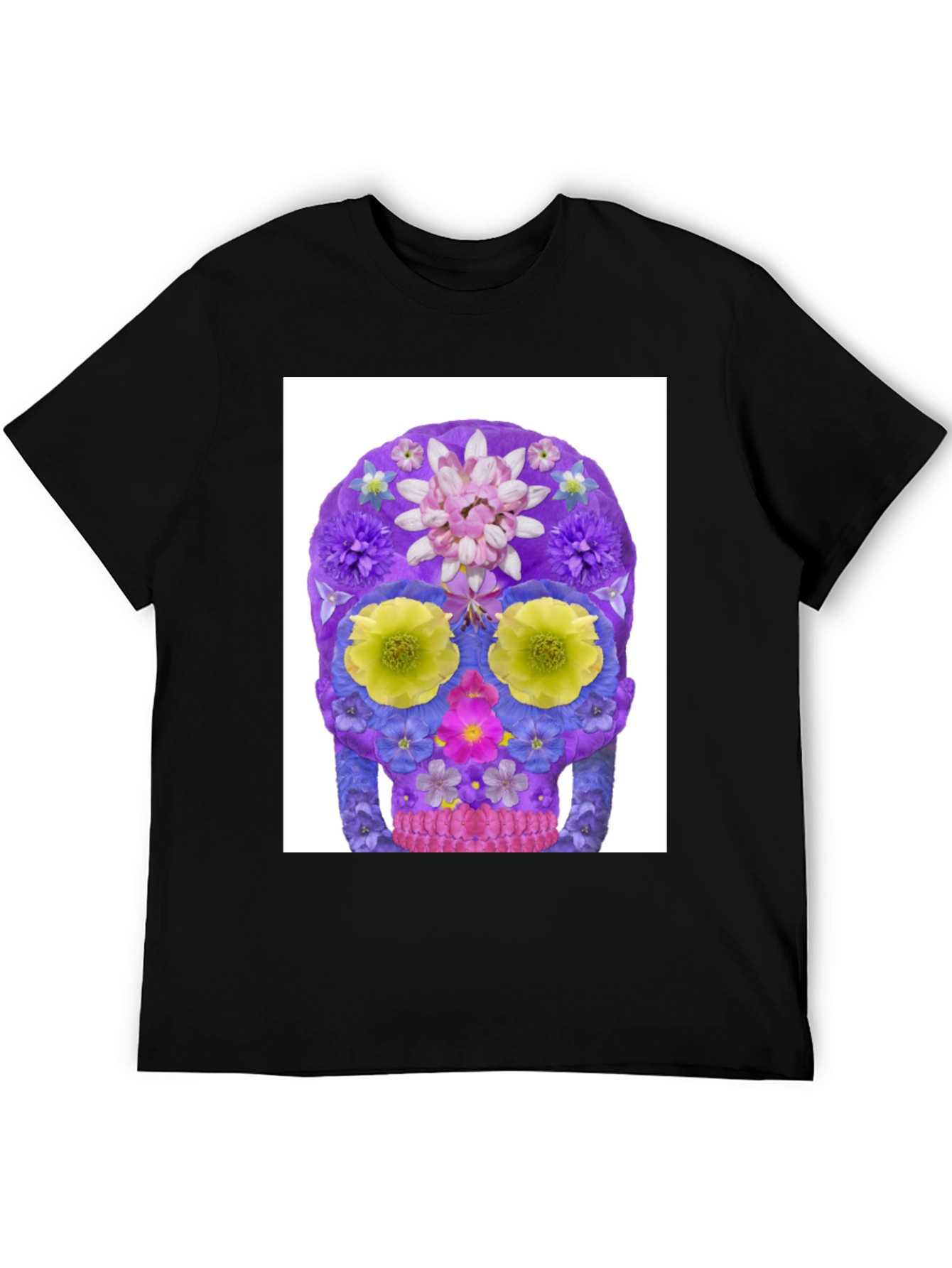 Black Floral Sugar Skull Graphic Tee - Black Cotton T-Shirt view 5