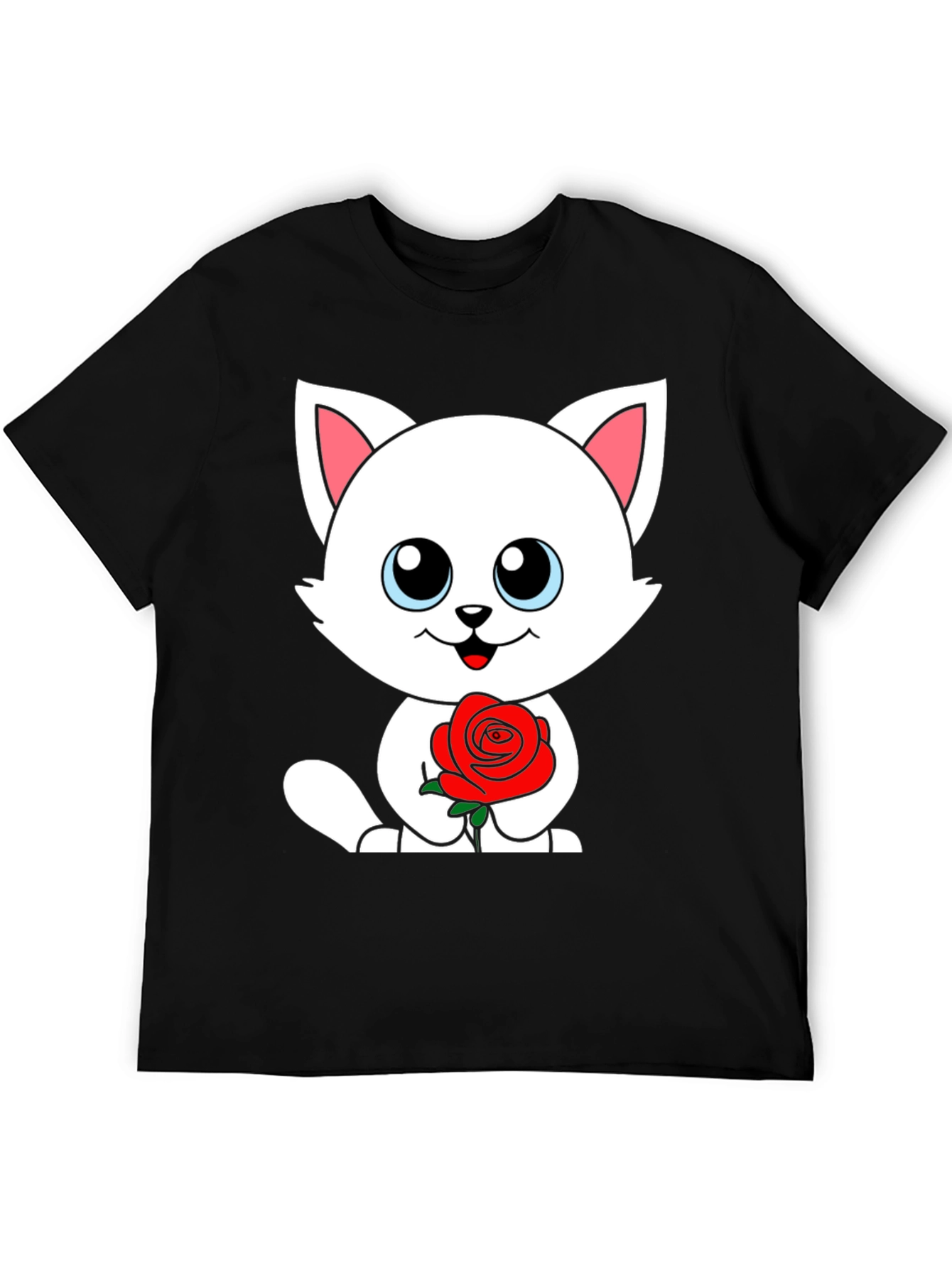 Black Cute Cat Rose Graphic Black T-Shirt view 5