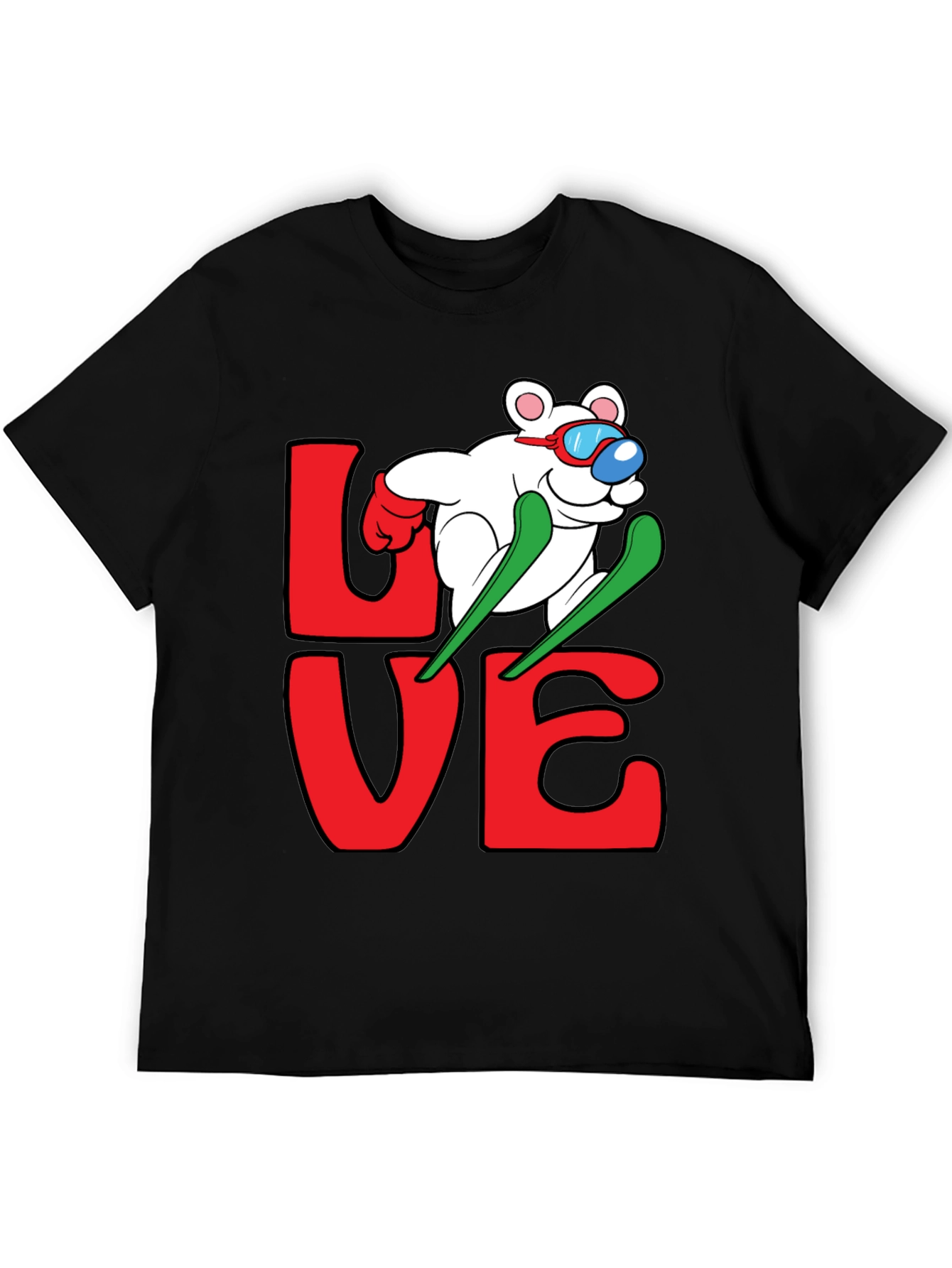 Black Skiing Bear Love Graphic Tee - Black Cotton T-Shirt view 5