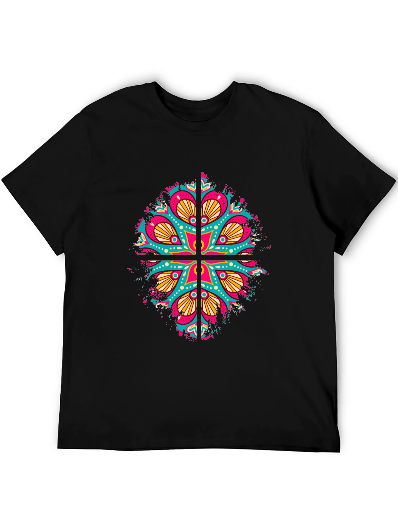 Black Vibrant Mandala Graphic Print Men's Black T-Shirt view 5