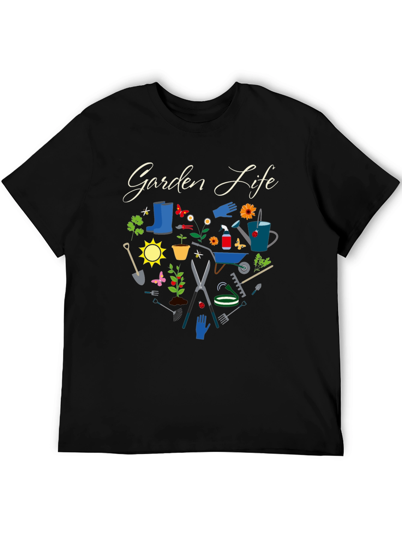 Black Garden Life Black T-Shirt: Gardening Tools Graphic Tee view 5