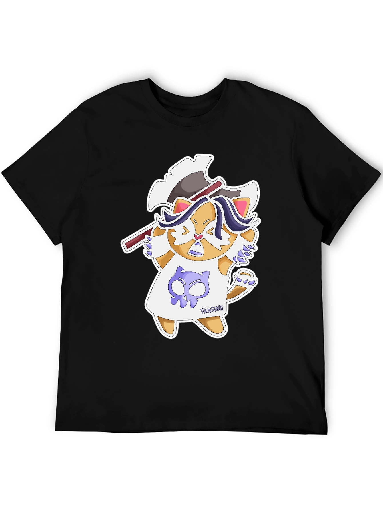 Black Cartoon Cat Axe T-Shirt - Fun Graphic Tee view 5