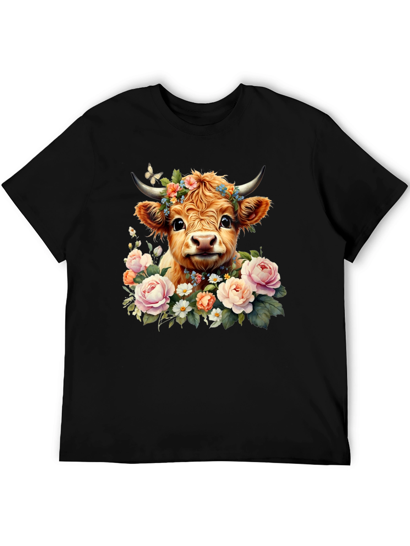 Black Cute Cow with Flowers Black T-Shirt view 5