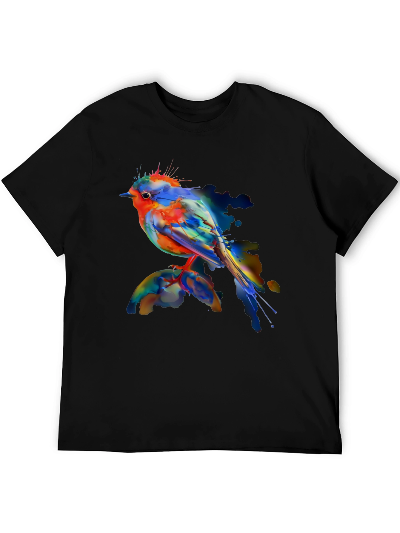Black Watercolor Bird Print Black T-Shirt view 5