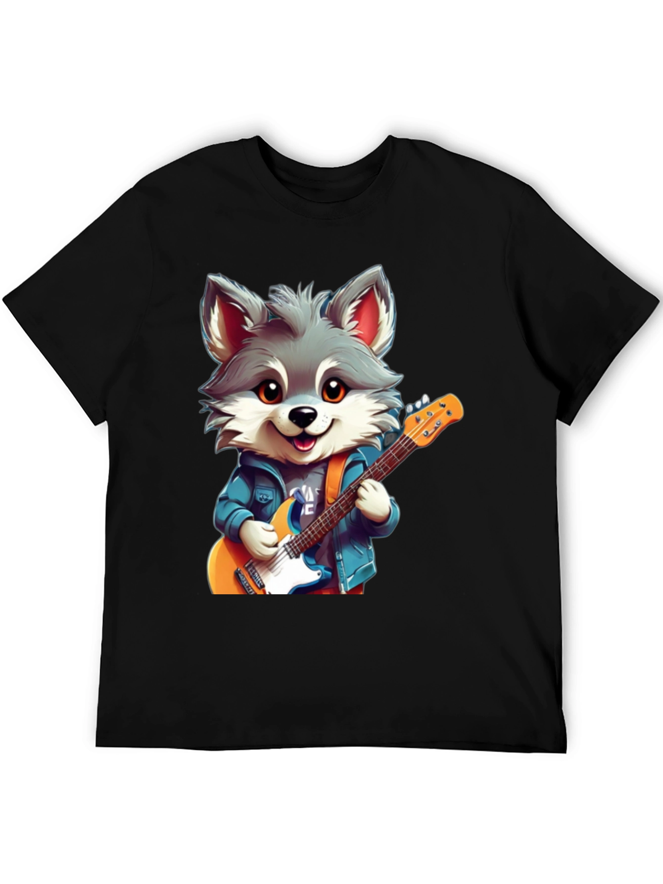 Black Cute Cartoon Wolf Guitarist Graphic Tee view 5