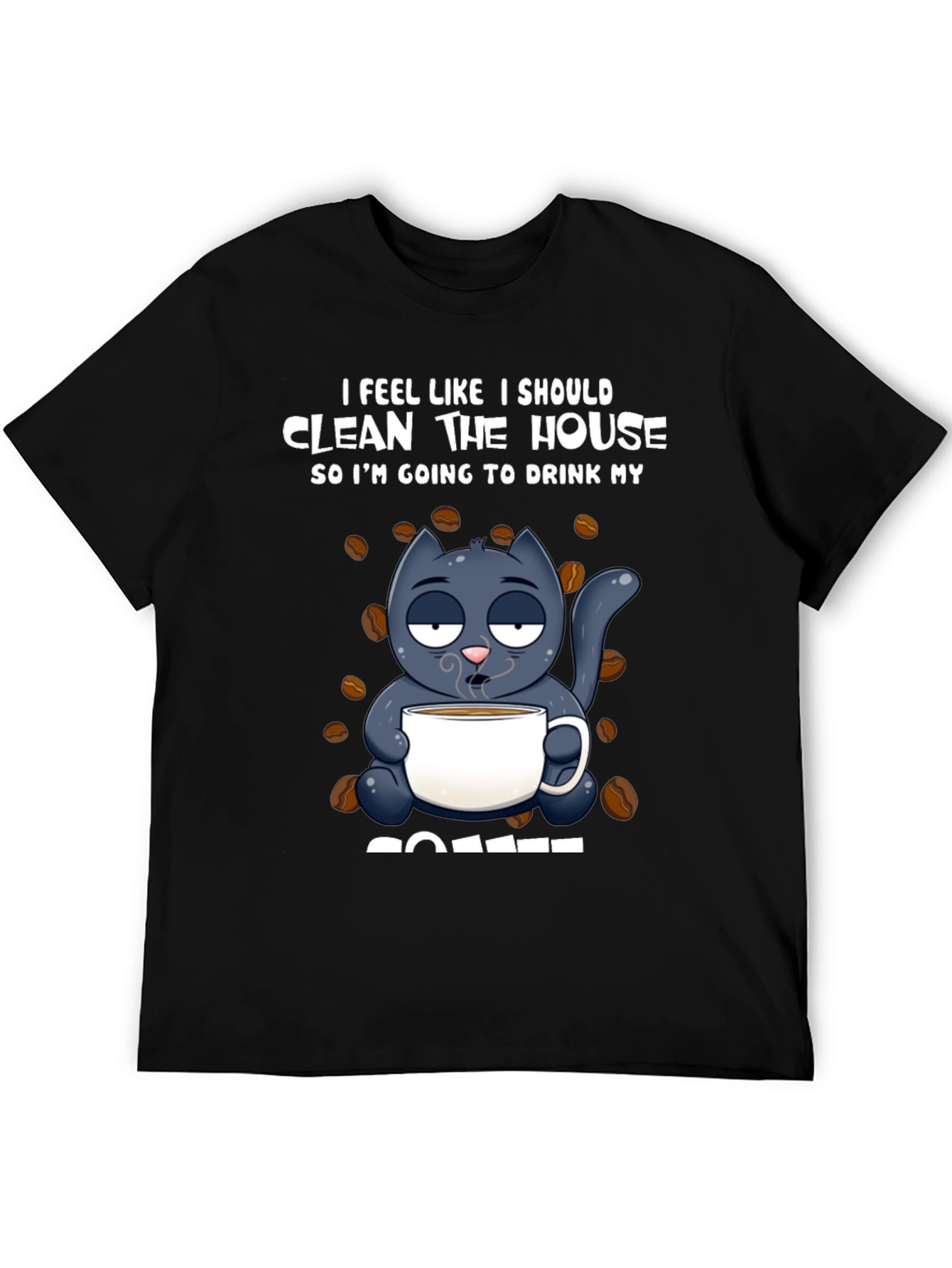 Black Humorous Cat & Coffee Graphic T-Shirt view 5
