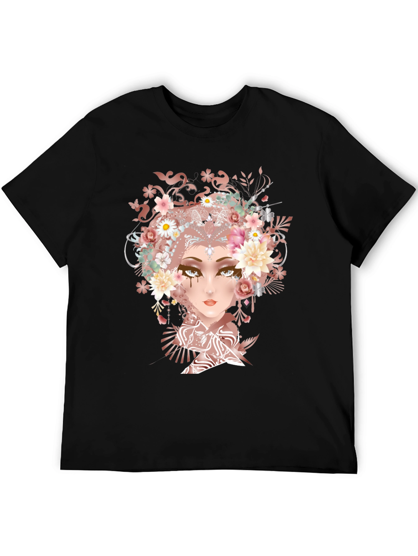 Black Floral Goddess Graphic Tee - Black Cotton T-Shirt view 5