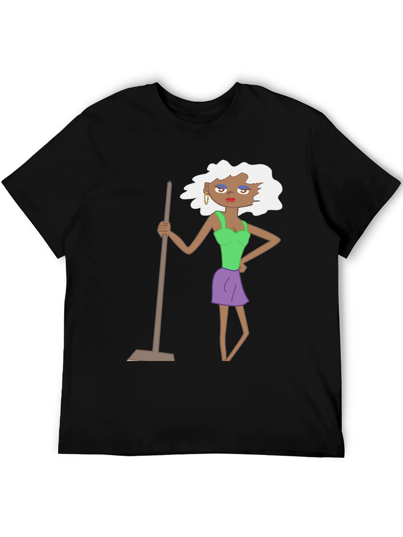 Black Funny Cartoon Woman on Black T-Shirt view 5