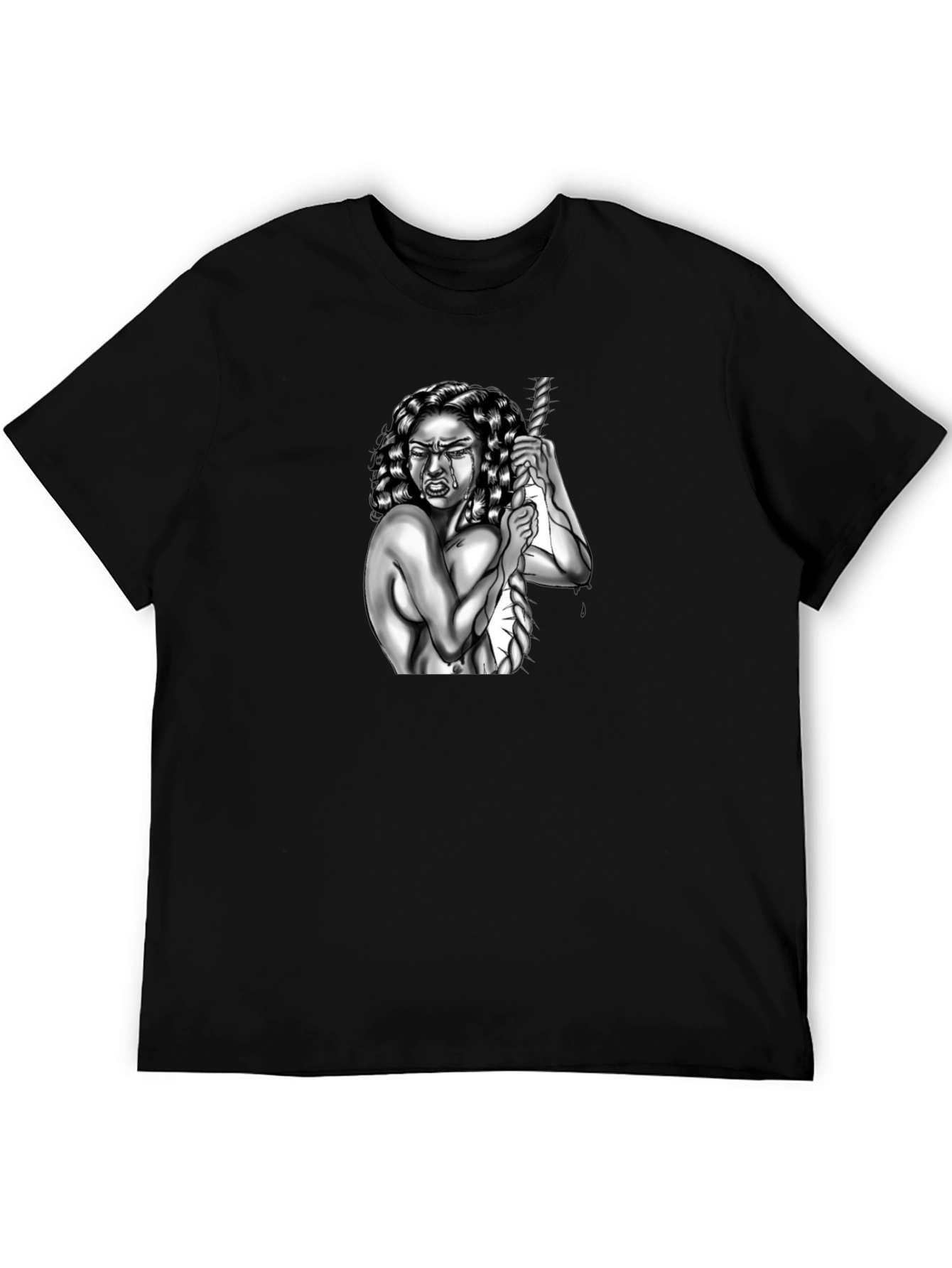 Black Edgy Graphic T-Shirt: Woman and Rope Design view 5