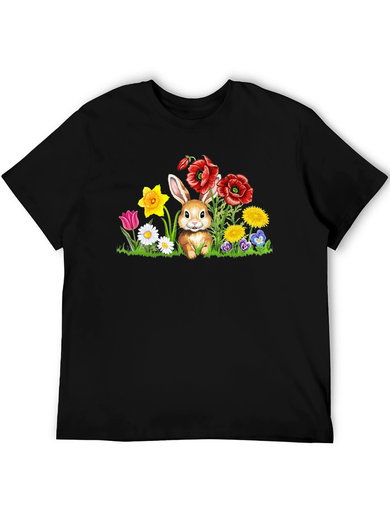 Black Cute Bunny in Flower Patch Black T-Shirt view 5