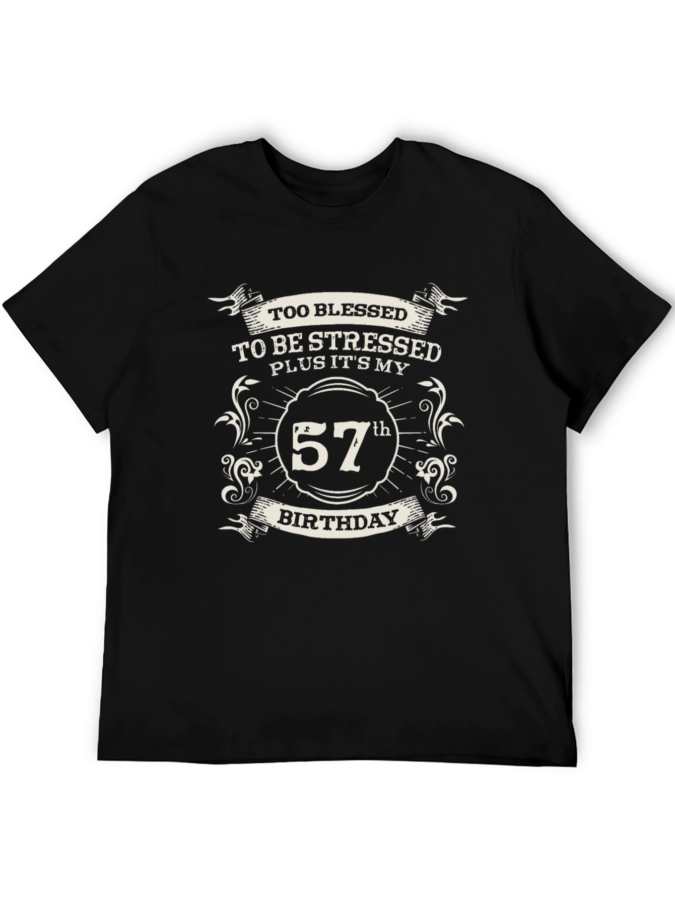 Black 57th Birthday T-Shirt - Blessed and Stress-Free view 5