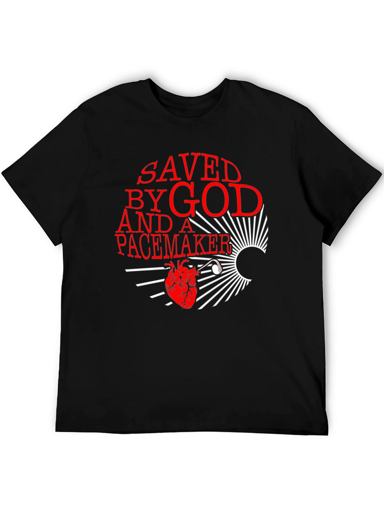 Black Saved By God and a Pacemaker Graphic T-Shirt view 5
