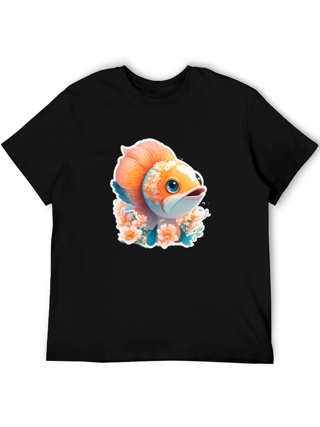 Black Cute Fish Floral Graphic Tee - Unique Design view 5