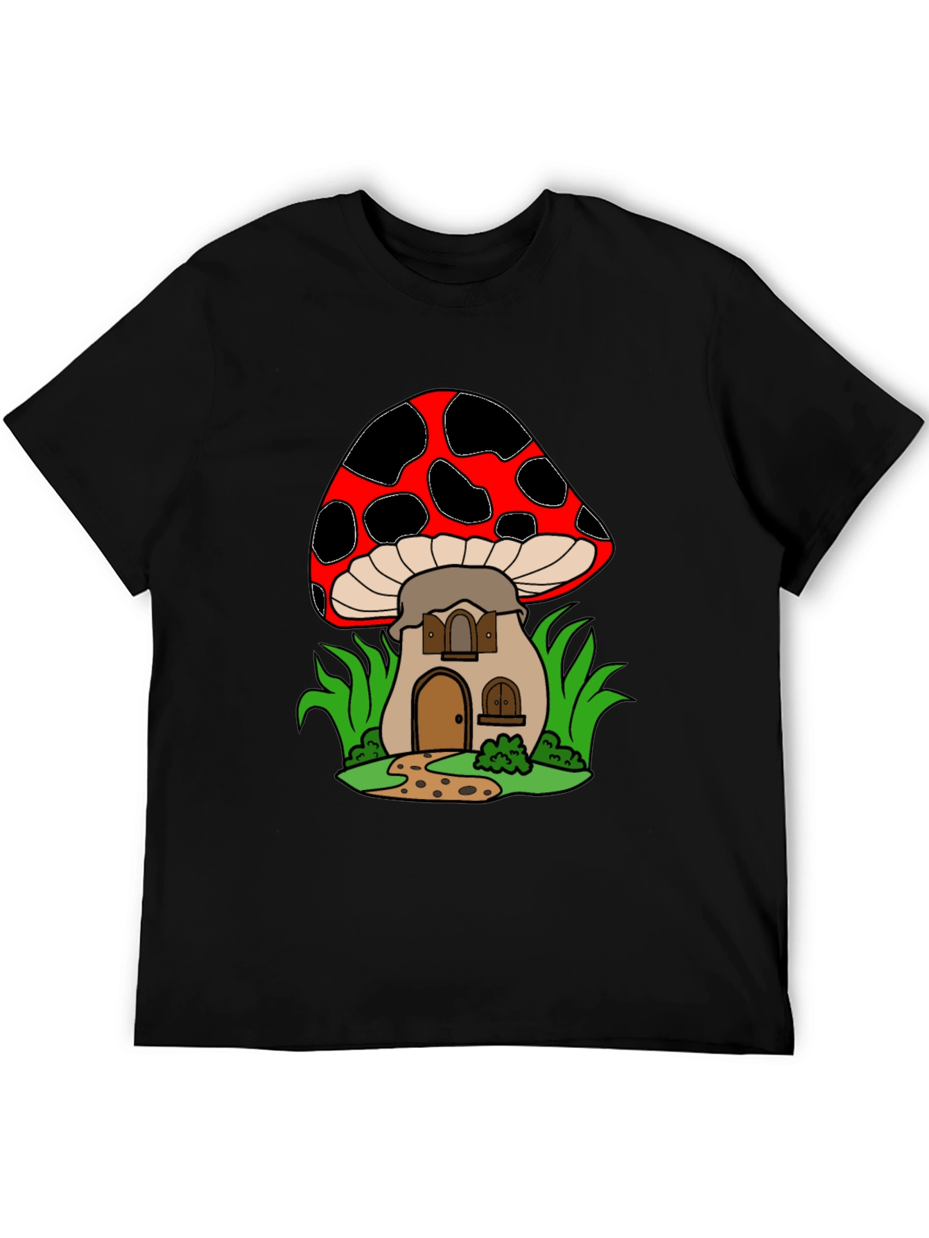 Black Mushroom House Graphic Tee - Quirky Black T-Shirt view 5