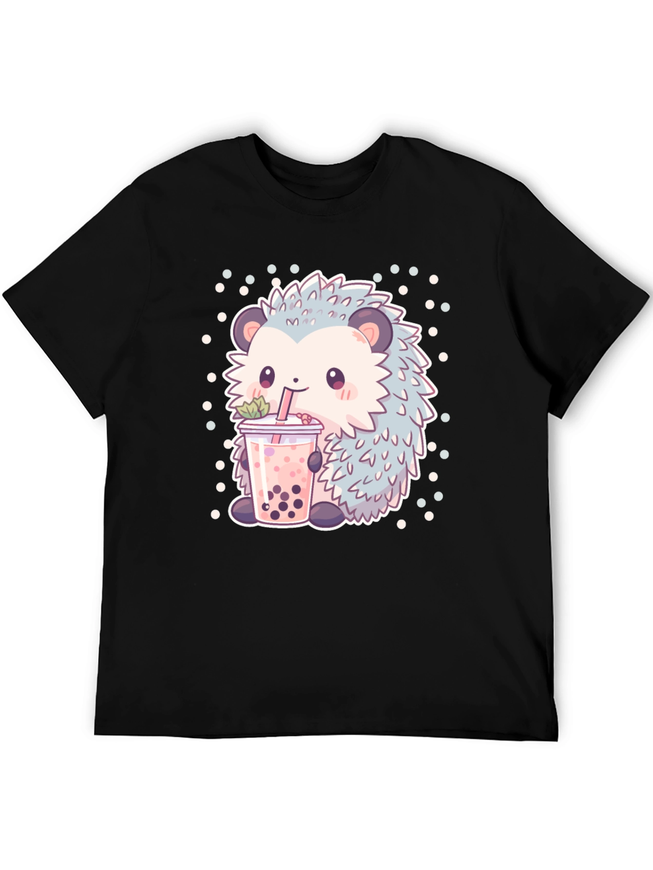 Black Cute Hedgehog Boba Tea T-Shirt view 5