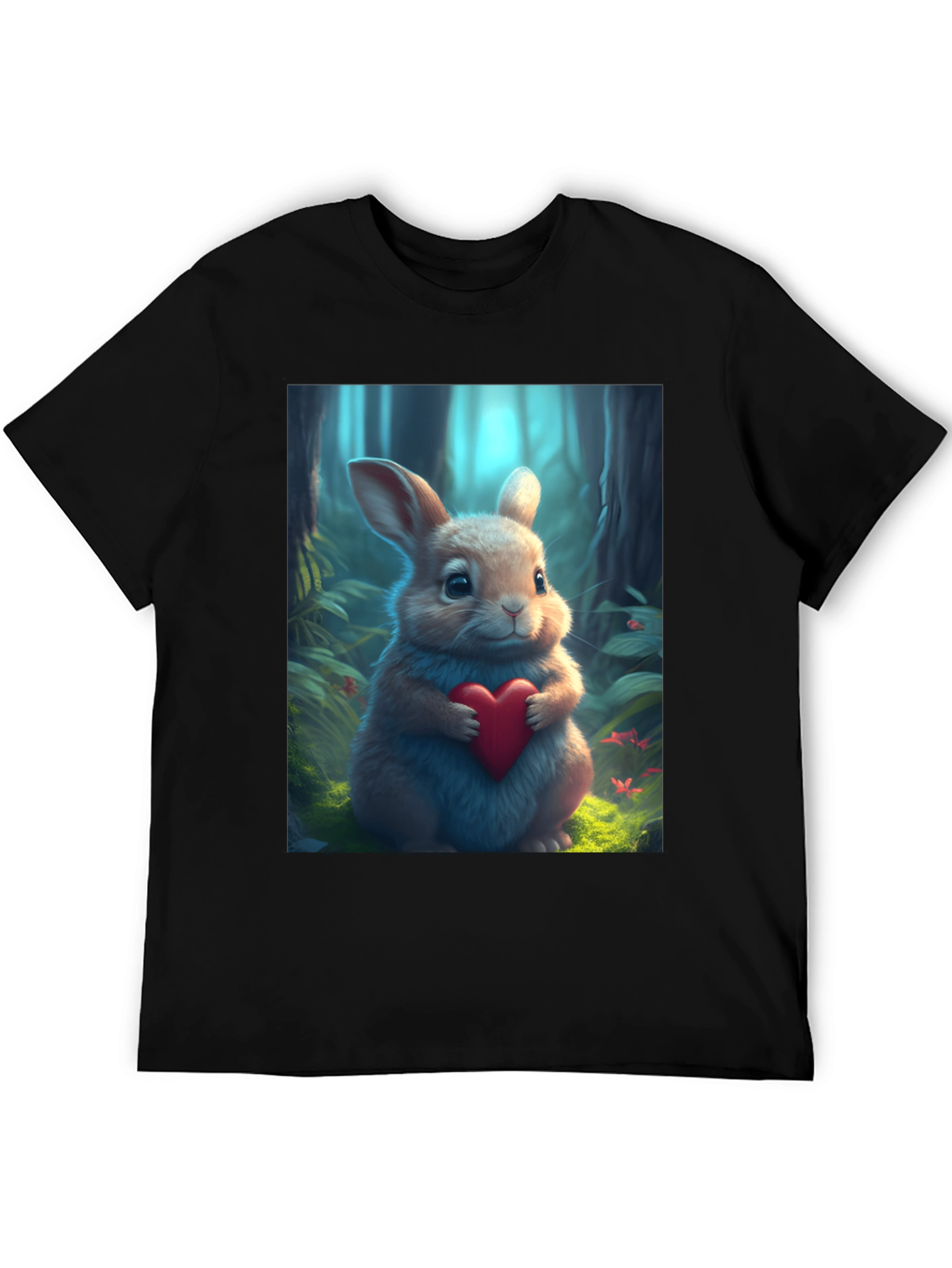 Black Cute Bunny Heart Graphic Tee - Soft Black Cotton Blend view 5