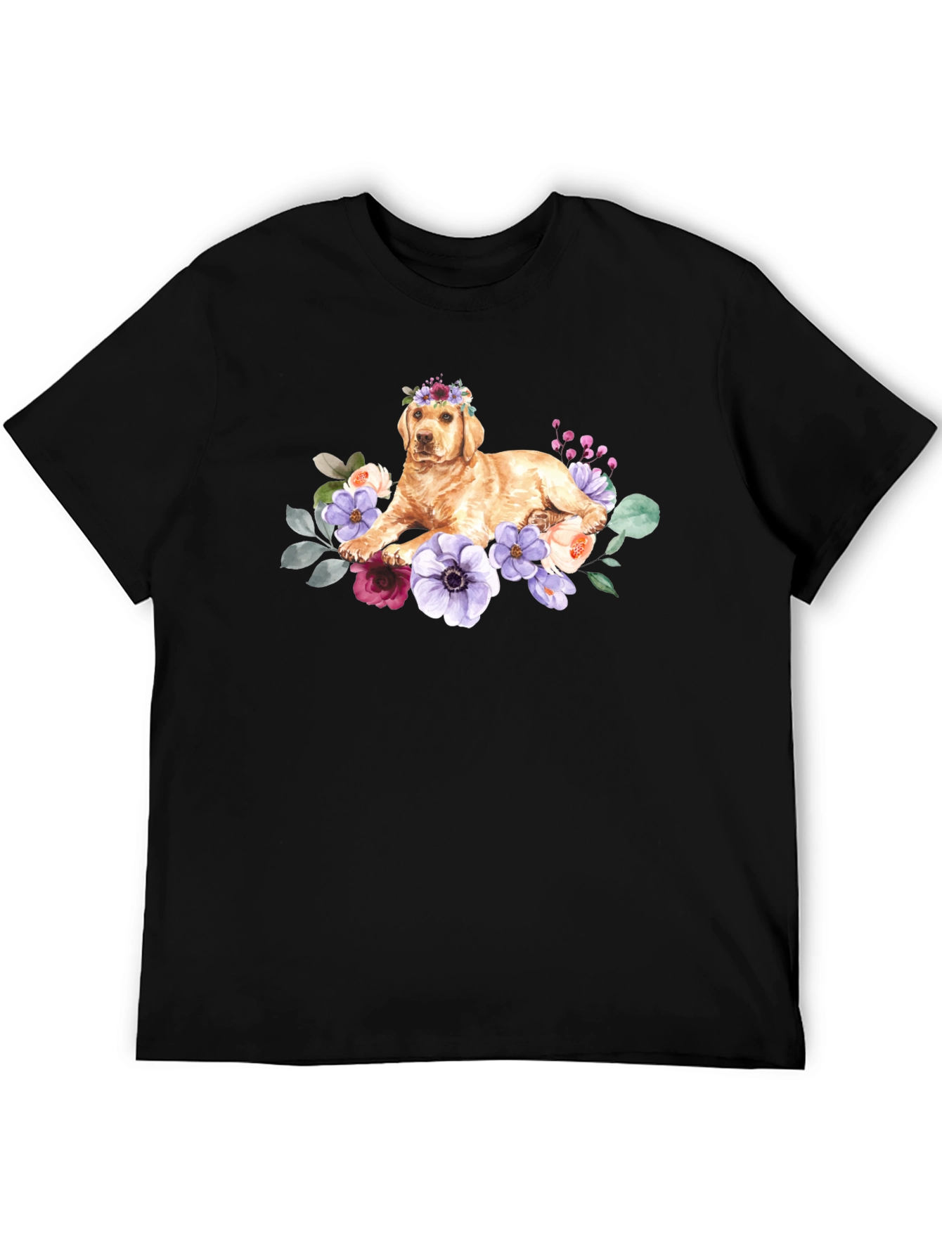 Black Golden Retriever Floral Crown T-Shirt view 5