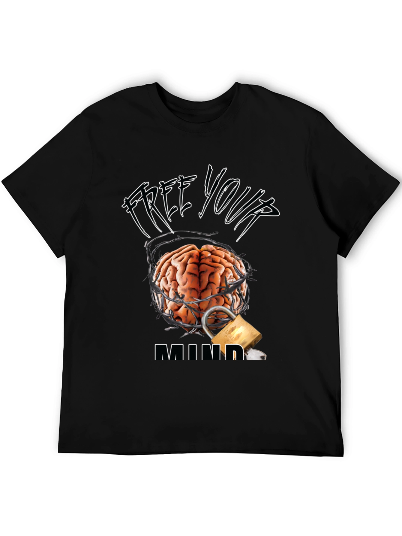 Black Free Your Mind Graphic Tee - Brain & Lock Design view 5