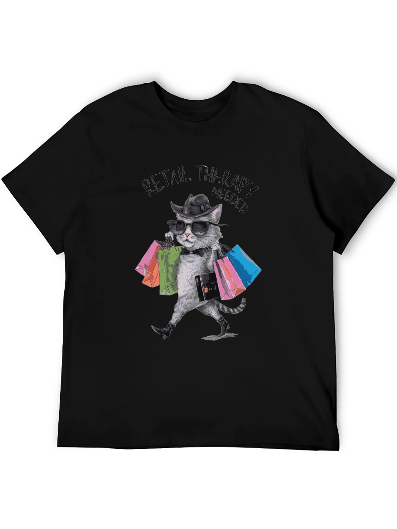 Black Retail Therapy Cat T-Shirt view 5