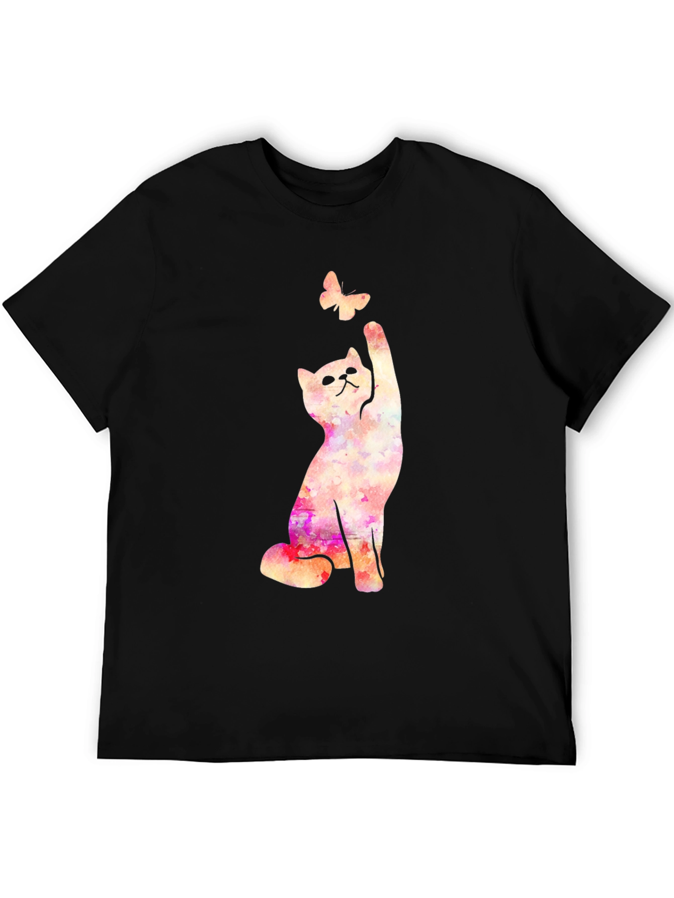 Black Cat Reaching for Butterfly Graphic Black T-Shirt view 5