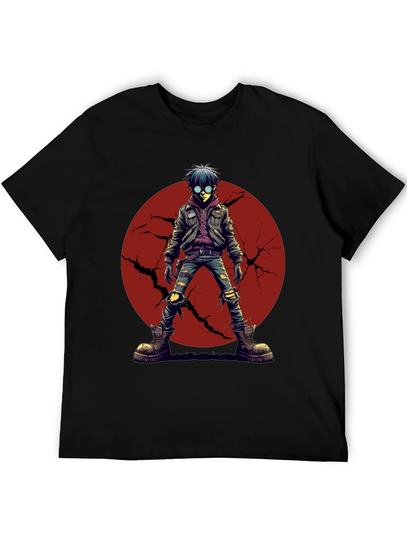 Black Graphic Tee: Anime Punk Character on Black Shirt view 5
