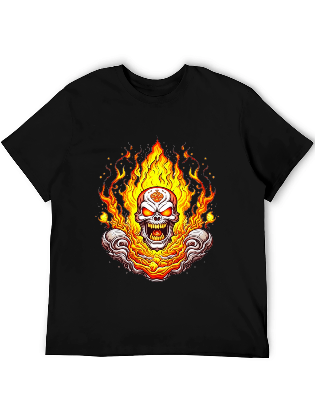 Black Flaming Skull Graphic Tee - Bold Black Cotton Shirt view 5