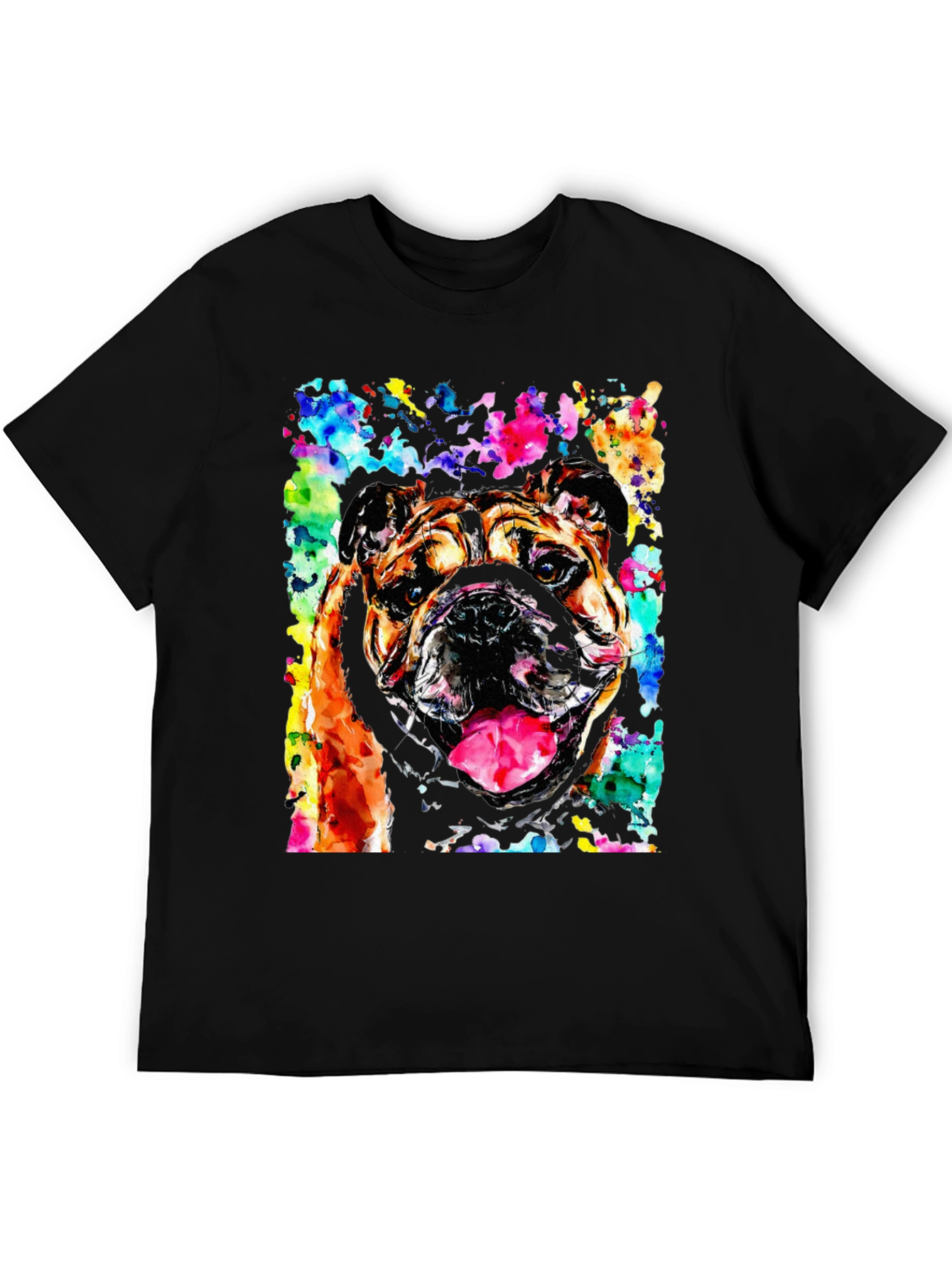 Black Bulldog Watercolor Men's Black T-Shirt view 5