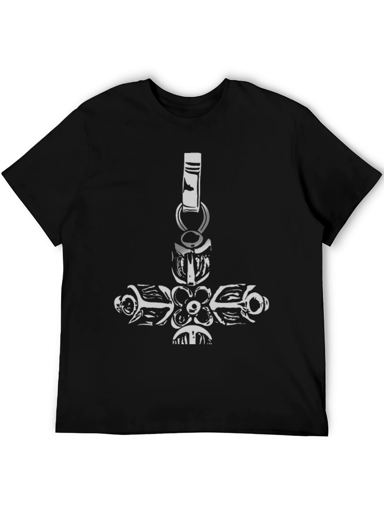 Black Black Tee with Ornate Cross Pendant Design view 5