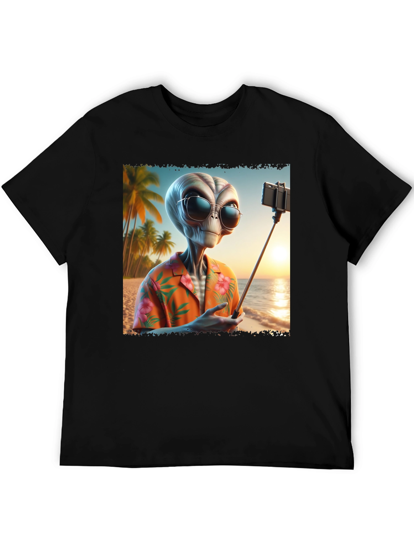 Black Alien Beach Selfie Graphic Tee - Black T-Shirt view 5