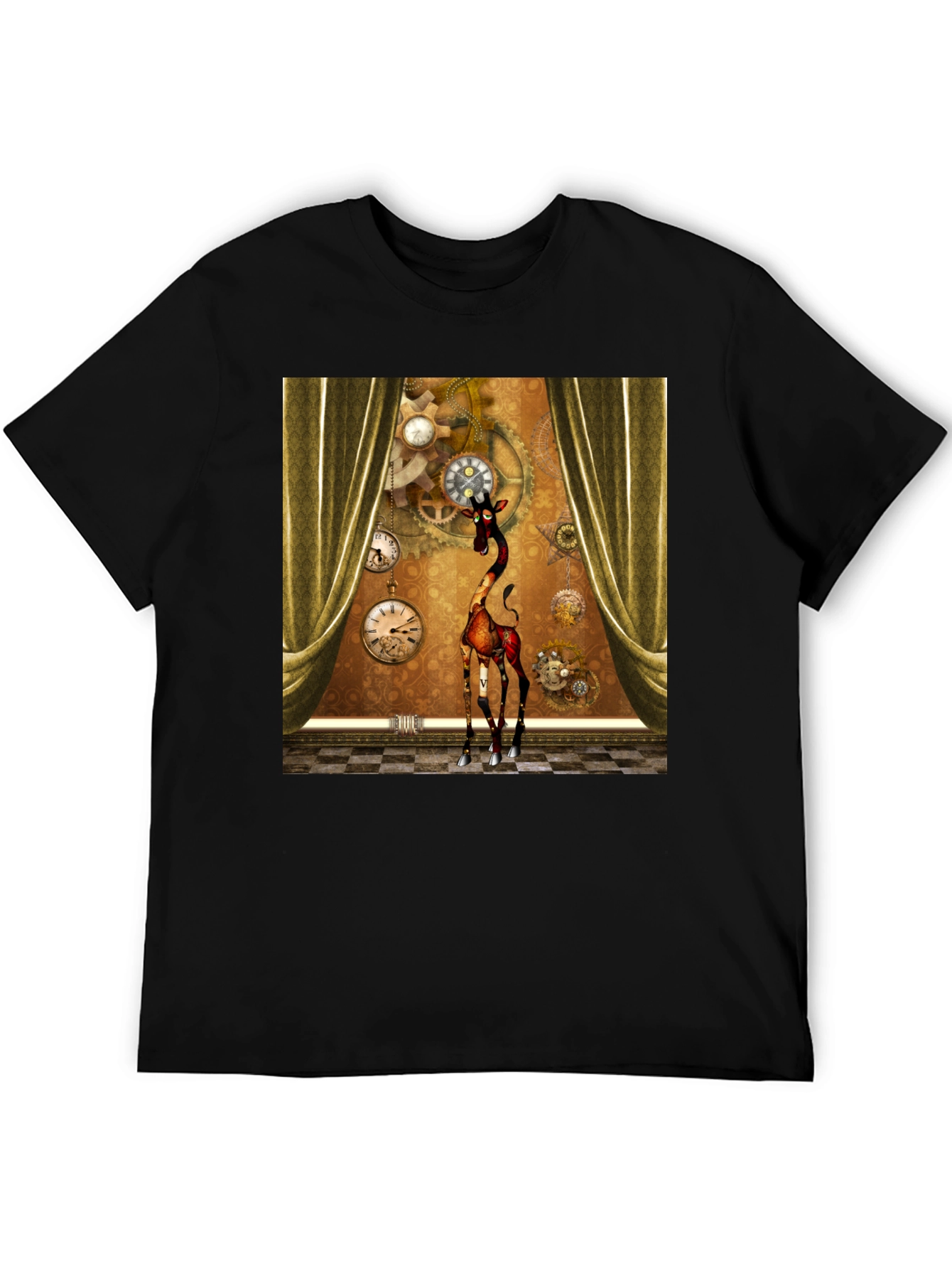Black Steampunk Giraffe T-Shirt: Time Traveler's Style view 5