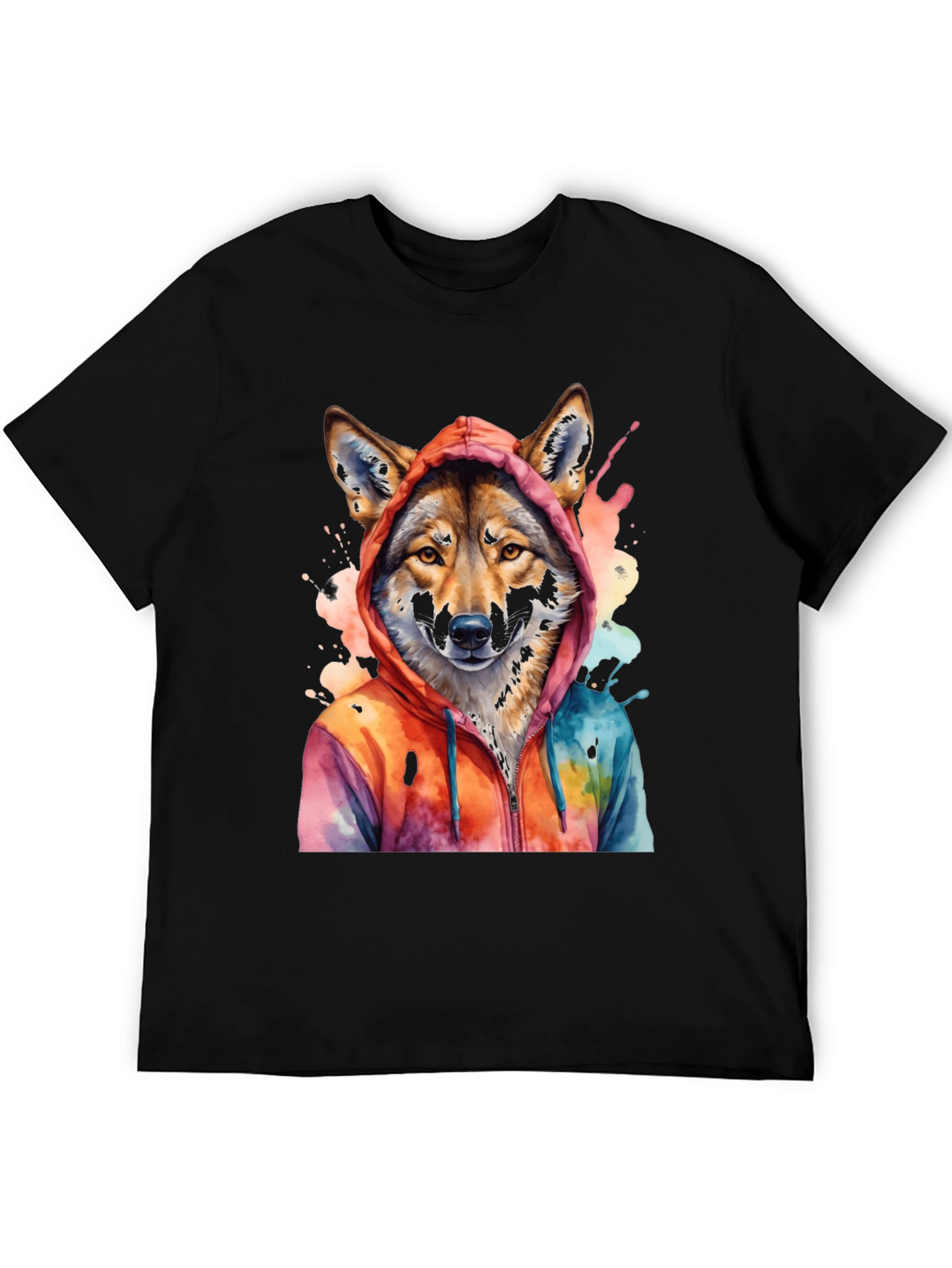 Black Watercolor Wolf Hoodie Graphic Tee view 5