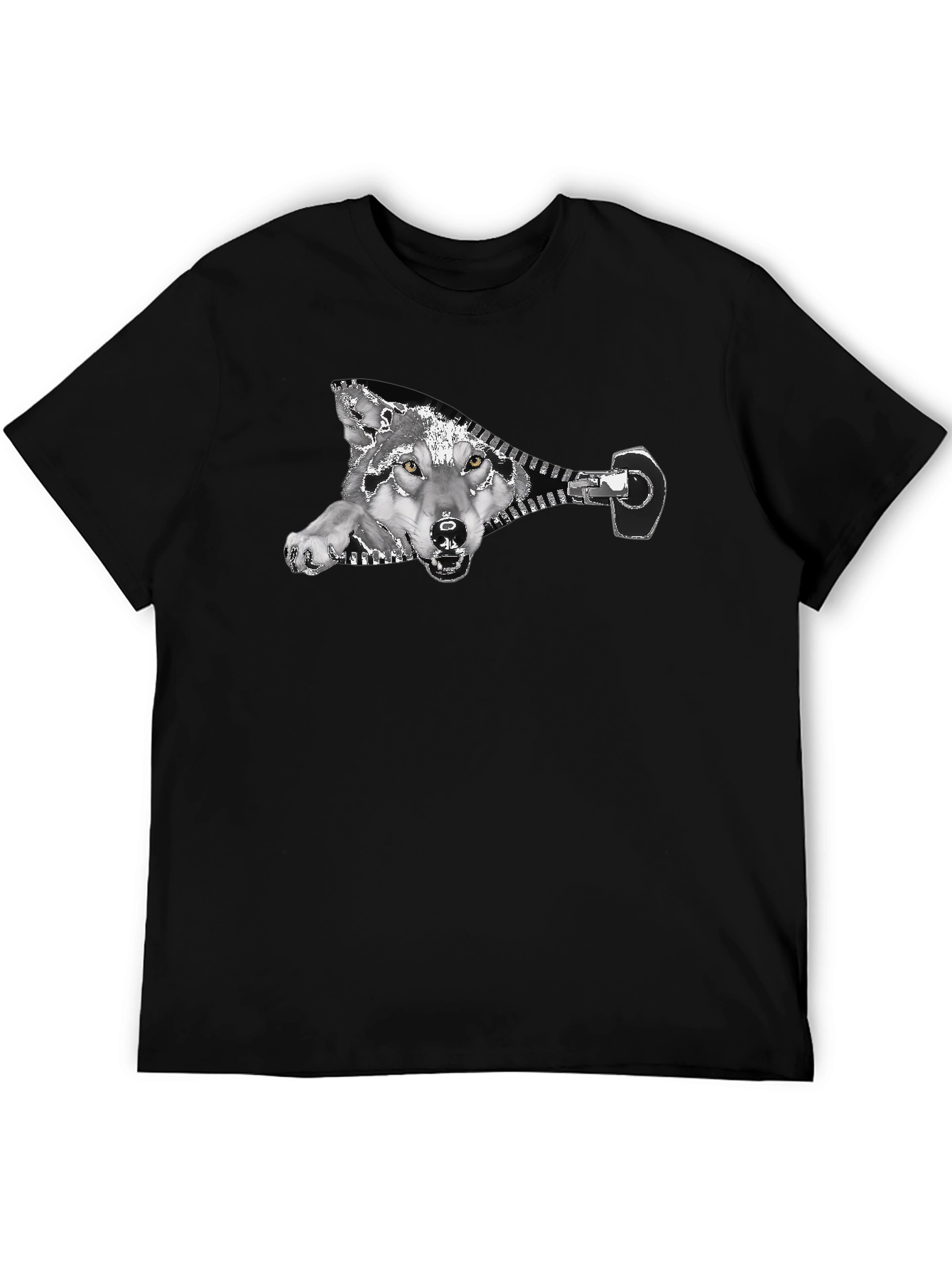 Black Wolf Zipper Graphic Print Black T-Shirt view 5