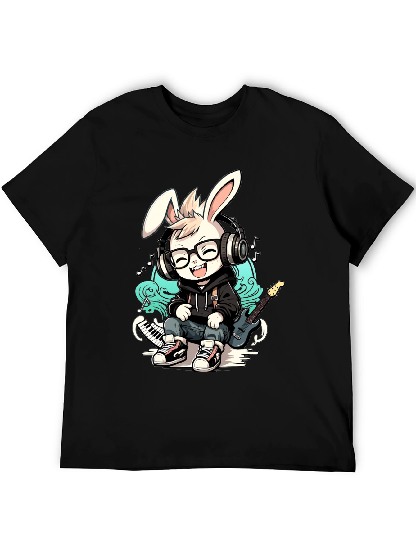 Black Cool Bunny Musician T-Shirt view 5
