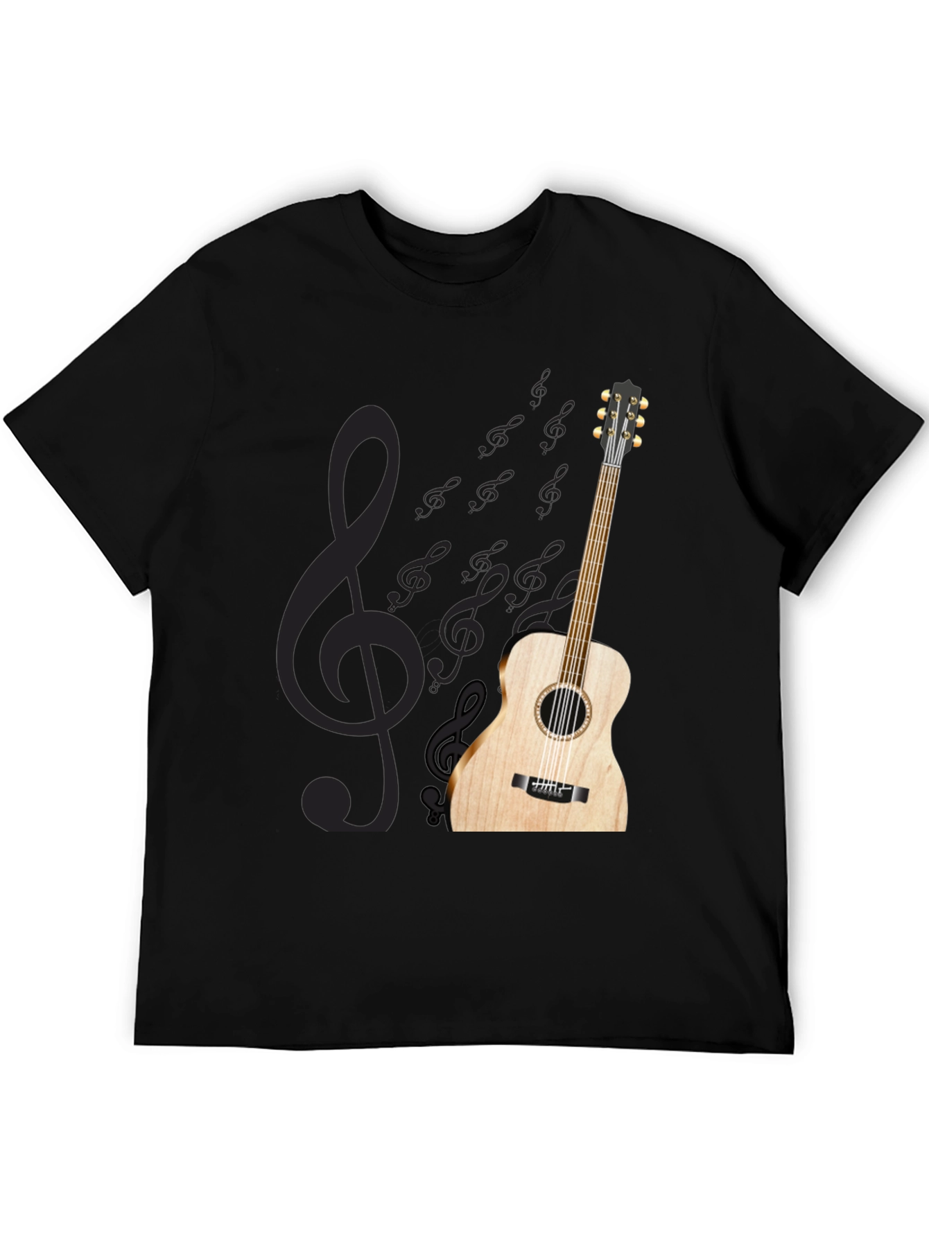 Black Acoustic Guitar Treble Clef Black T-Shirt view 5