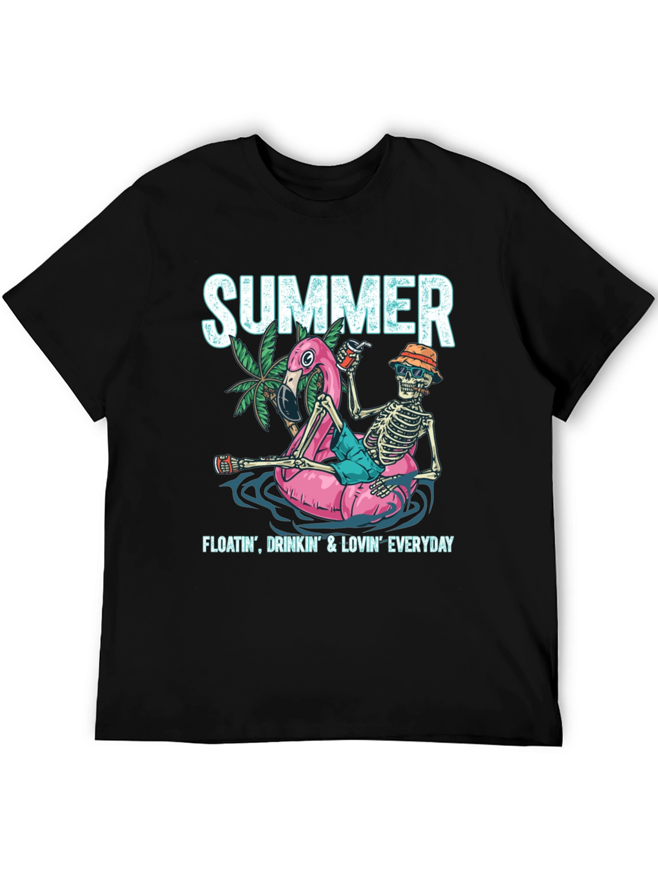 Black Summer Skeleton Flamingo Float T-Shirt view 5