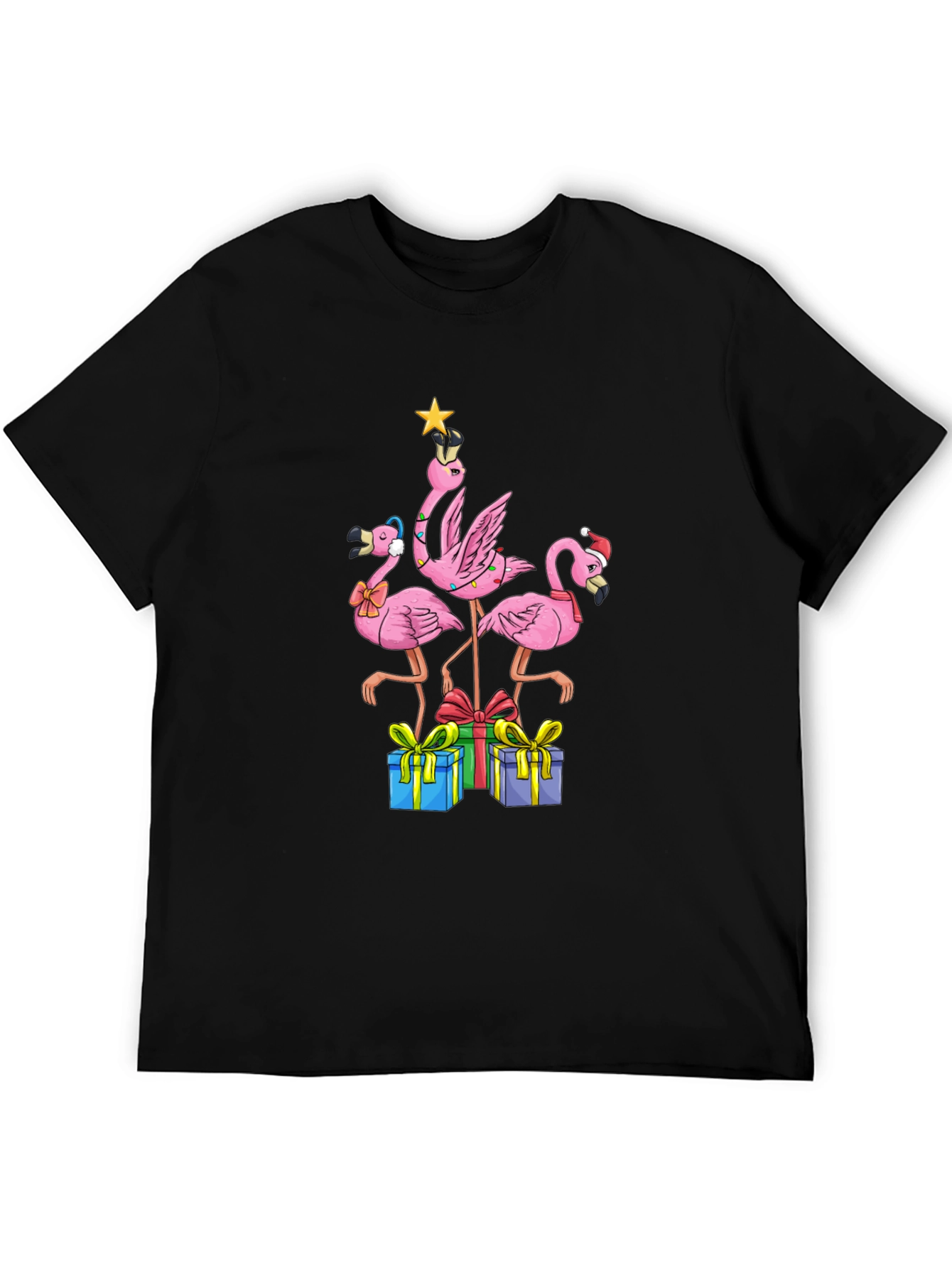 Black Festive Flamingo Christmas T-Shirt view 5