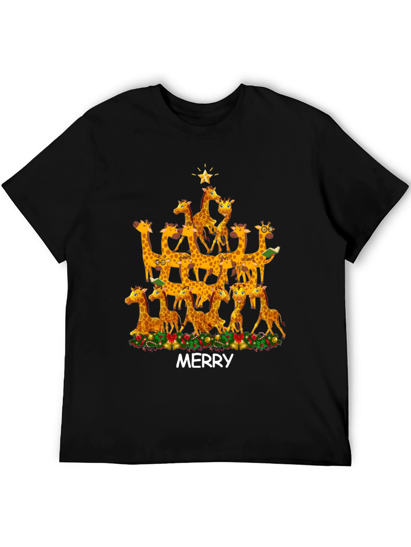 Black Merry Giraffe Christmas Tree T-Shirt view 5